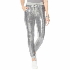 Budget 🥰 DG2 By Diane Gilman Sequined Front Pull-On Slim Jogger Pant Gray ⭐