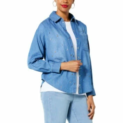 Outlet 🛒 DG2 By Diane Gilman Oversized Embellished Boyfriend 👚 Shirt Indigo 🤩
