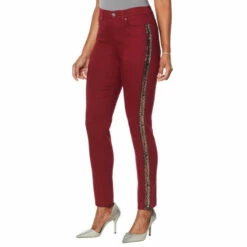Deals ❤️ DG2 By Diane Gilman Virtual Stretch Animal Sequin Stripe Jean -Fashion Wine ✨
