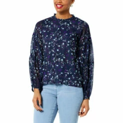 Hot Sale ✨ DG2 By Diane Gilman Tiered Sleeve Peasant Top Navy Ditsy ⭐