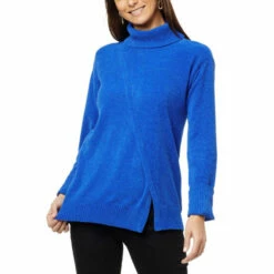 Buy ❤️ DG2 By Diane Gilman Chenille Split-Front Turtleneck Sweater Black 😍