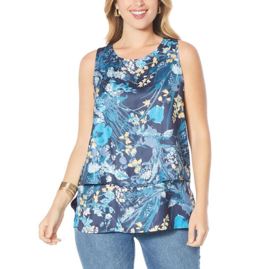 Best Pirce ๐ DG2 By Diane Gilman Printed Charmeuse Layered Easy Tank Multi Floral ๐งจ