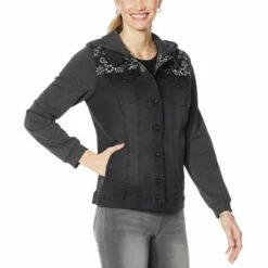 Top 10 ❤️ DG2 By Diane Gilman Classic Stretch Hooded Combo Denim Jacket Black ❤️