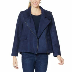 Best deal 🌟 DG2 By Diane Gilman Oversized Brushed Knit Moto Jacket Navy ✔️