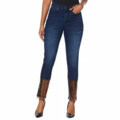 Hot Sale 🔔 DG2 By Diane Gilman Classic Stretch Sequin Fringe-Hem Skinny - Basic Chambray 👍