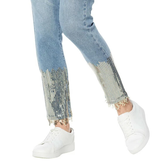Hot Sale 🔔 DG2 By Diane Gilman Classic Stretch Sequin Fringe-Hem Skinny - Basic Chambray 👍 - Image 4