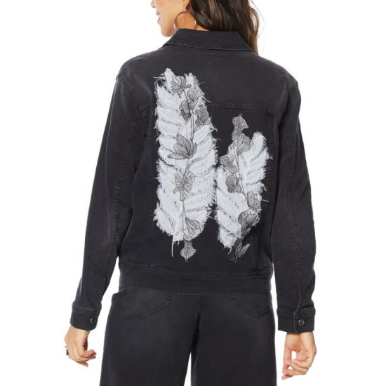 Cheap ๐งจ DG2 By Diane Gilman Leaf Embroidered Trucker Jacket Black ๐ - Image 14