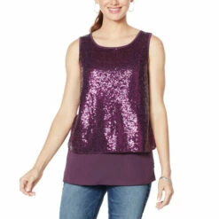 Promo 🧨 DG2 By Diane Gilman Sequined Easy Tank Eggplant 🧨