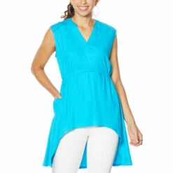 Best Sale ✨ DG2 By Diane Gilman Linen-Blend Sleeveless Hi-Low Tunic Black 🧨