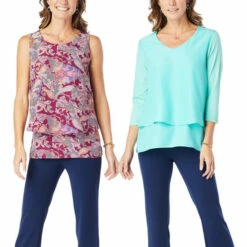Best Sale 😉 DG2 By Diane Gilman 2-pack Printed Easy Tank And 3/4-Sleeve Easy Top Aqua 😀