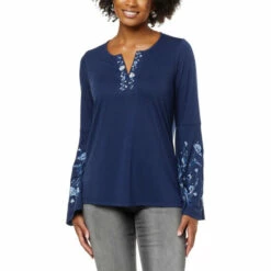 Outlet ✨ DG2 By Diane Gilman Embroidered Flare-Sleeve Knit Top Black Floral 😀