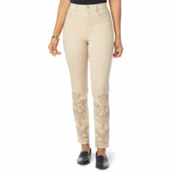 Best Pirce ✔️ DG2 By Diane Gilman Virtual Stretch Embroidered Skinny Jean Taupe Peony ⭐