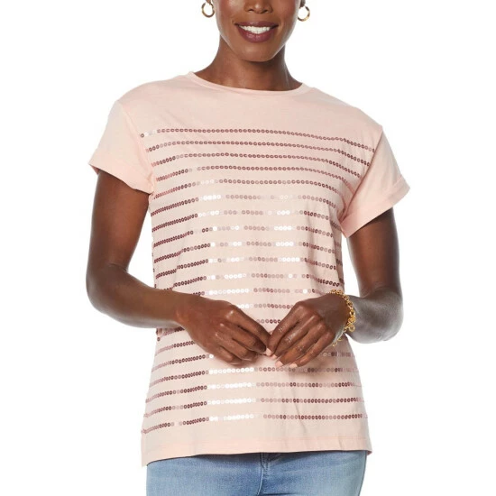 Wholesale 🎁 DG2 By Diane Gilman Sequin Striped Tee Ivory/navy 👍