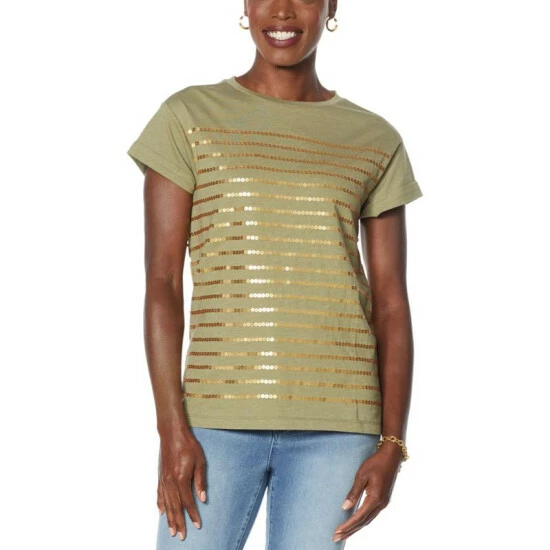 Wholesale 🎁 DG2 By Diane Gilman Sequin Striped Tee Ivory/navy 👍 - Image 5