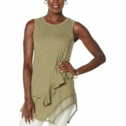 Best Pirce 🥰 DG2 By Diane Gilman Asymmetric Double Layer Drama Tank Olive ⌛