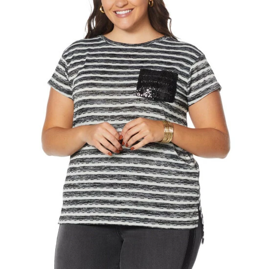 Discount 🔥 DG2 By Diane Gilman Sequin Pocket Striped Tee Pink ⌛ - Image 2