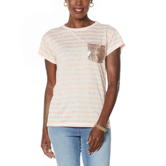 Discount 🔥 DG2 By Diane Gilman Sequin Pocket Striped Tee Pink ⌛ - Image 4
