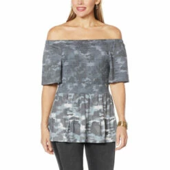 Best Sale 👍 DG2 By Diane Gilman Off-the-Shoulder Smocked Top Navy Plaid 🧨