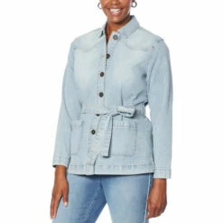 Best Sale ๐ DG2 By Diane Gilman Herringbone Denim Belted Utility Jacket Midtone โค๏ธ