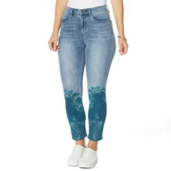 Cheapest ✔️ DG2 By Diane Gilman Tropical-Print Hem Skinny Crop Jean Chambray Tropical 👍