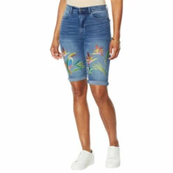 Outlet ❤️ DG2 By Diane Gilman Embroidered Roll-Cuff Bermuda Short White 👍