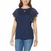 Deals 👍 DG2 By Diane Gilman Eyelet Lace Flutter-Sleeve Top Raspberry 💯