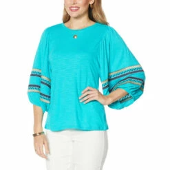 Outlet 🛒 DG2 By Diane Gilman Embroidered Balloon-Sleeve Tee Aqua 💯