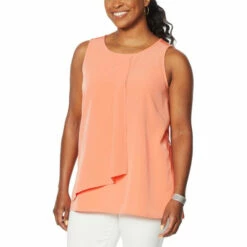 Wholesale 🥰 DG2 By Diane Gilman Mixed Media Layered Drape Front Tank Tangerine 😀