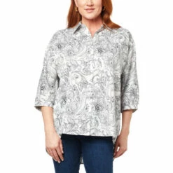 Deals 🔔 DG2 By Diane Gilman Printed Button-Front Dolman-Sleeve Poncho Top Ivory Delicate Paisley 🎉