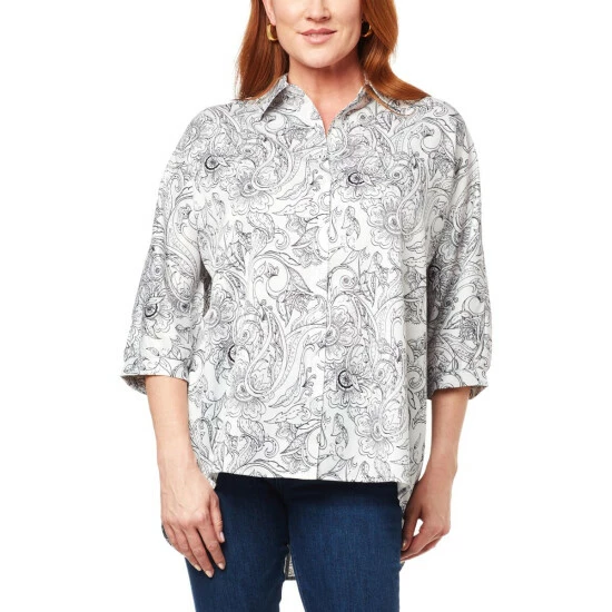 Deals ๐ DG2 By Diane Gilman Printed Button-Front Dolman-Sleeve Poncho Top Ivory Delicate Paisley ๐