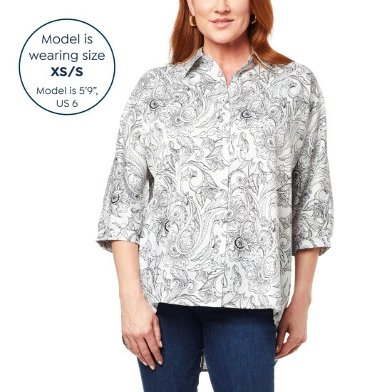 Deals ๐ DG2 By Diane Gilman Printed Button-Front Dolman-Sleeve Poncho Top Ivory Delicate Paisley ๐ - Image 2