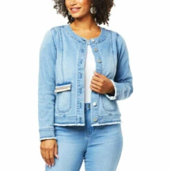 Cheapest 👍 DG2 By Diane Gilman New Classic Stretch Embellished Collarless Jacket Chambray ✨