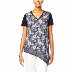 Coupon 🛒 DG2 By Diane Gilman Printed Asymmetric Combo Top Multi Patchwork 🔔