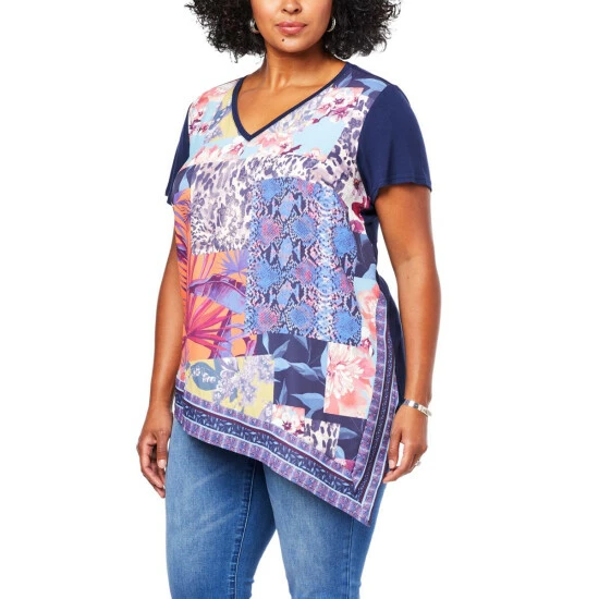 Coupon 🛒 DG2 By Diane Gilman Printed Asymmetric Combo Top Multi Patchwork 🔔 - Image 2