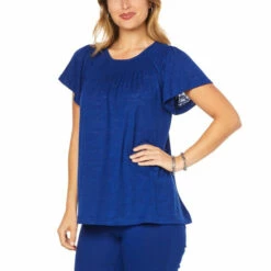 Discount ✔️ DG2 By Diane Gilman Burnout Slub Knit Smocked Neck Tee Navy 😉