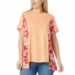Budget ❤️ DG2 By Diane Gilman Slub Jersey Knit Printed Panel Short-Sleeve Top Peach ⌛