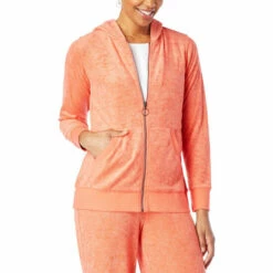 Budget 🎉 DG2 By Diane Gilman "DG Downtime" Terry Cloth Zip-Front Hoodie Coral 🔔