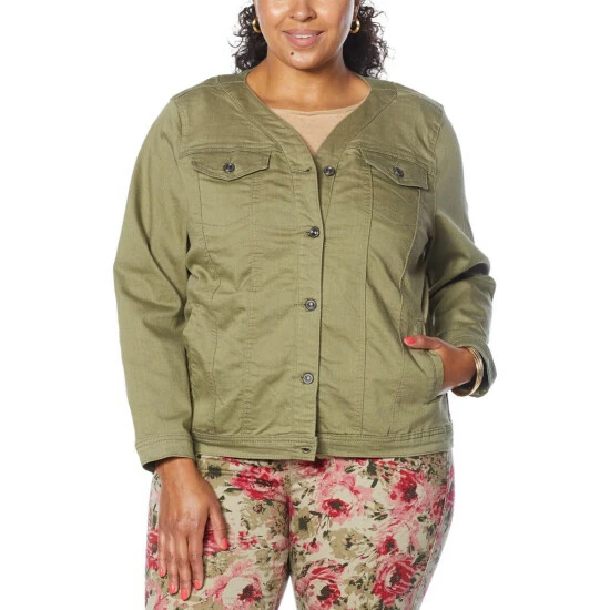 Best reviews of ⌛ DG2 By Diane Gilman Classic Stretch Collarless Denim Jacket Ivory ⌛ - Image 2