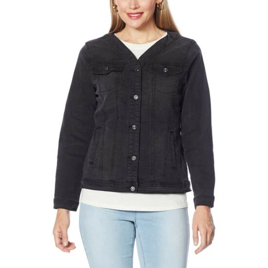 Best reviews of ⌛ DG2 By Diane Gilman Classic Stretch Collarless Denim Jacket Ivory ⌛ - Image 3