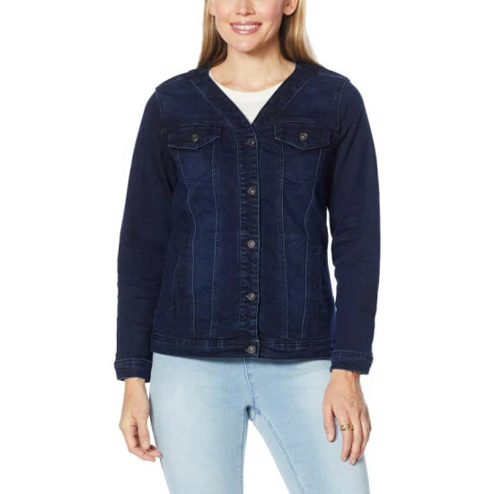 Best reviews of ⌛ DG2 By Diane Gilman Classic Stretch Collarless Denim Jacket Ivory ⌛ - Image 5