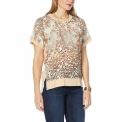Flash Sale 😉 DG2 By Diane Gilman Combo Print Hi-Low Hem Top Taupe 🤩