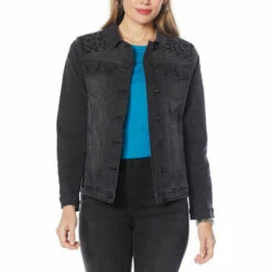 Flash Sale 😉 DG2 By Diane Gilman Classic Stretch Embroidered Denim Jacket Black 🔔