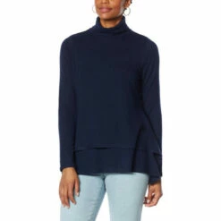Discount 🛒 "As Is" DG2 By Diane Gilman Double Layer Sharkbite-Hem Easy Turtleneck Top Navy ✨