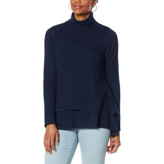 Discount 🛒 "As Is" DG2 By Diane Gilman Double Layer Sharkbite-Hem Easy Turtleneck Top Navy ✨