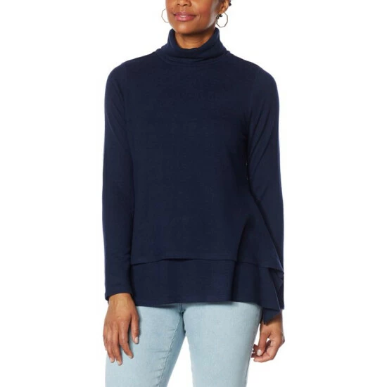Discount 🛒 "As Is" DG2 By Diane Gilman Double Layer Sharkbite-Hem Easy Turtleneck Top Navy ✨ - Image 4