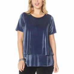 Cheapest 👏 "As Is" DG2 By Diane Gilman Stretch Velvet Short-Sleeve Easy Top Navy 😍