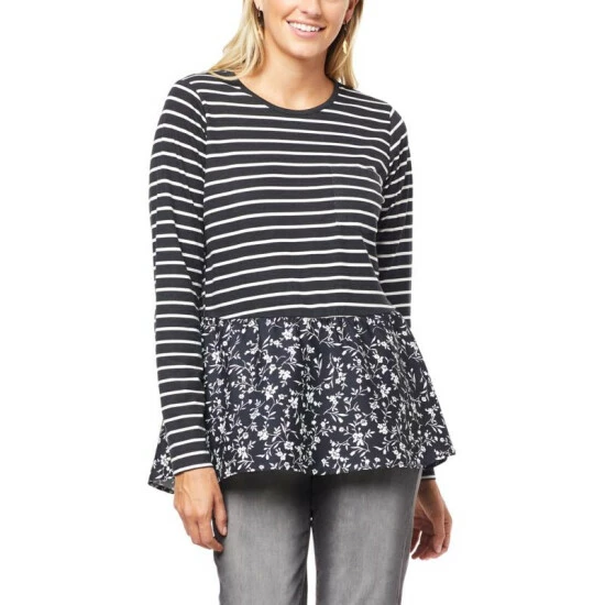 New 👍 "As Is" DG2 By Diane Gilman Mixed Print Combo Peplum Top Black Floral 🔔 - Image 7