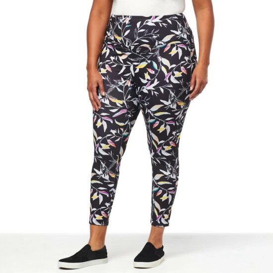 Budget ⭐ "As Is" DG2 By Diane Gilman Slim And Sleek Moss Jersey Knit Printed Legging Black Multi Leaves 🤩 - Image 3