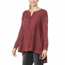 Best Sale ⌛ DG2 By Diane Gilman Oversized Mixed Media Henley Top 👏