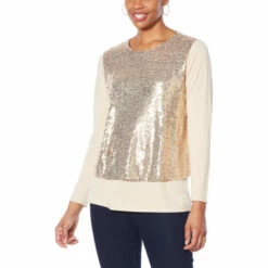 New 🎉 DG2 By Diane Gilman Sequined Front Long-Sleeve Easy Top Gray 🎉